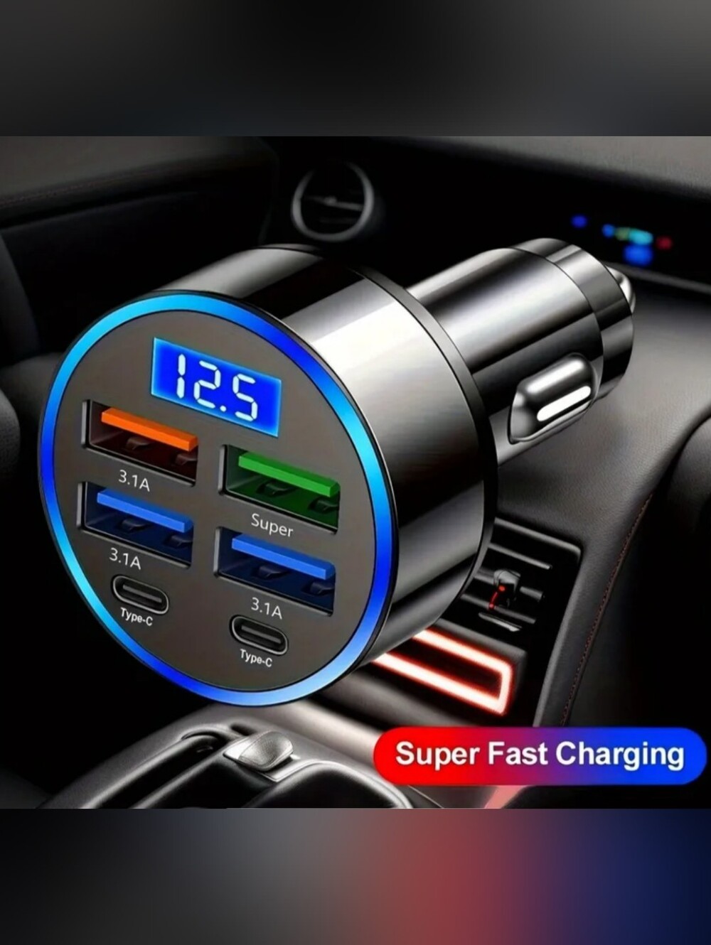 USB Car Charger with LED Display - Black
